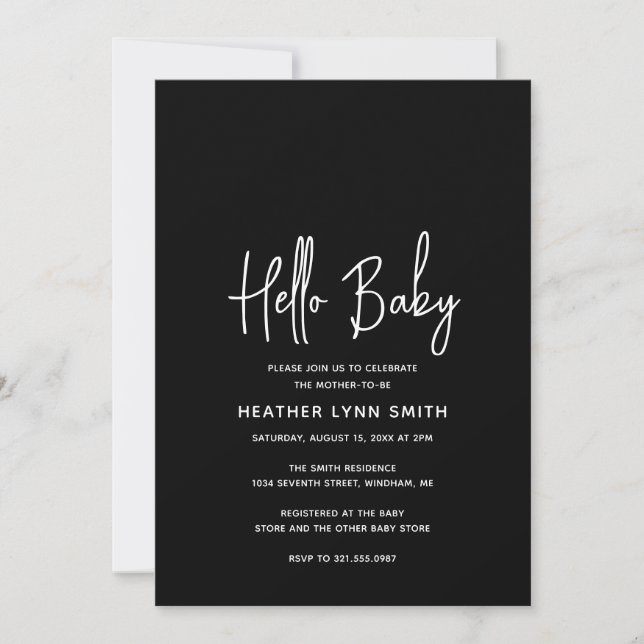 Elegante moderne Minimalistisch Black Hello Baby D Einladung (Vorderseite)