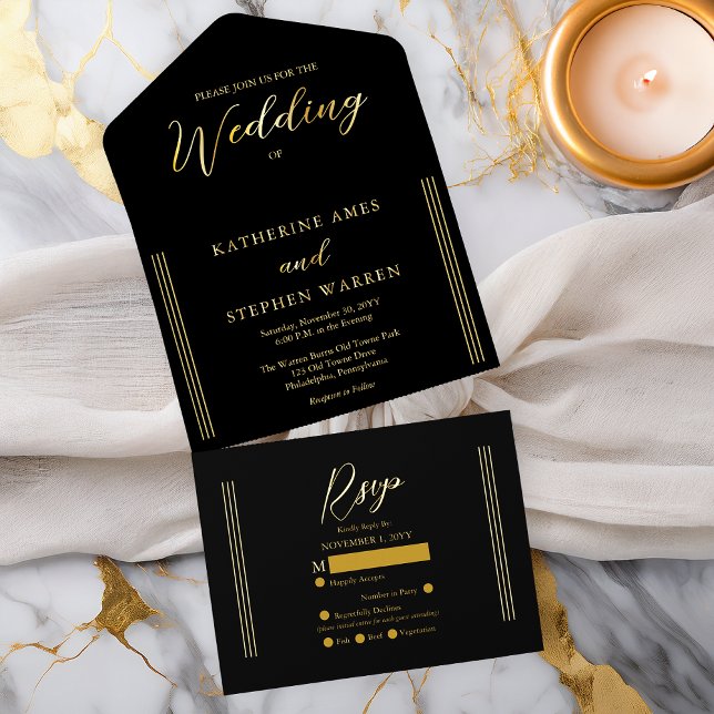 Elegante Moderne Minimalistische Hochzeit All-in-One-Einladung (Elegant Modern Black Minimalist Wedding All in One Gold Foil (inside--See Description) Invitation)