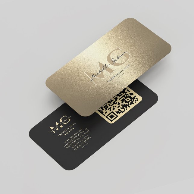 Elegante moderne Monogram Imitats Gold Beruflich Q Visitenkarte (Elegant Modern Monogram Black Gold Professional QR Business Card
)