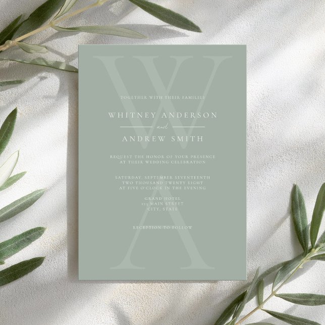 Elegante moderne Monogram Sage Green Wedding Einladung (Von Creator hochgeladen)