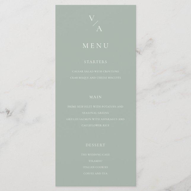 Elegante moderne Monogram Sage Green Wedding Menükarte (Vorderseite)