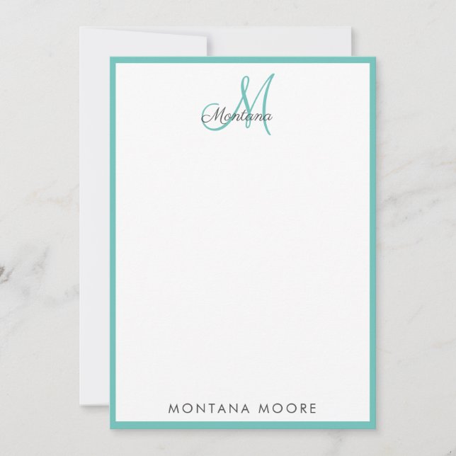 Elegante moderne Monogram Simple Girly Aquamarin N Mitteilungskarte (Vorderseite)
