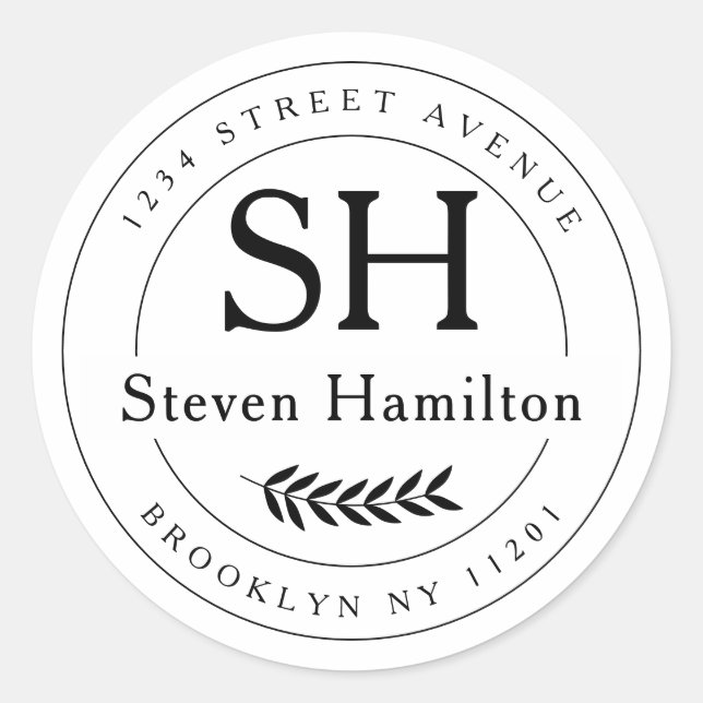 Elegante moderne Monogramm Name Leaf-Rücksendeadre Runder Aufkleber (Vorderseite)