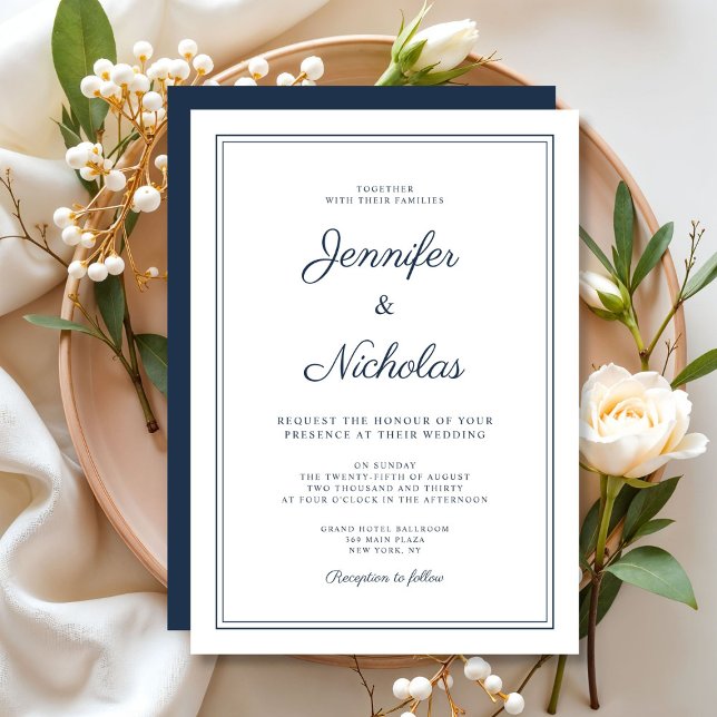 Elegante moderne Navy-Blau-Script-Hochzeit Einladung (Elegant Modern Navy Blue Script Wedding Invitation)