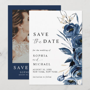 Elegante moderne Navy-Blumen- und Foto-Hochzeit Save The Date