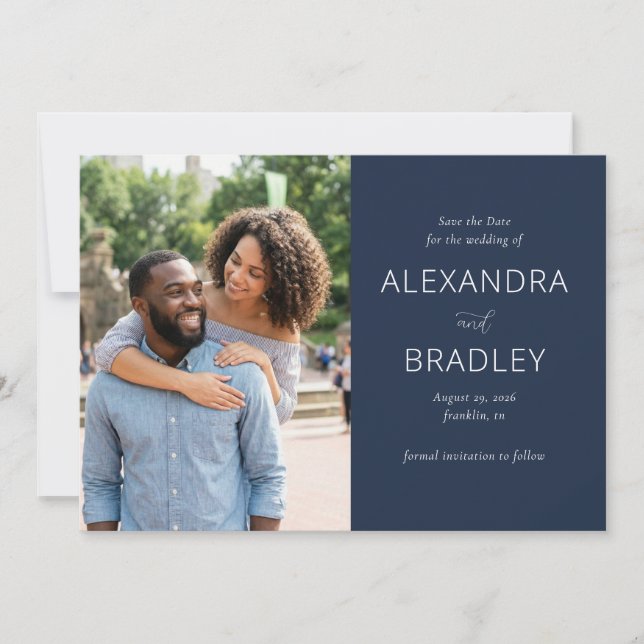Elegante moderne Navy-Foto Save The Date (Vorderseite)