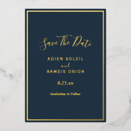 Elegante moderne Navy Gold Foil Save the Date Kart Folieneinladung