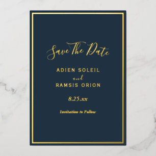 Elegante moderne Navy Gold Foil Save the Date Kart Folieneinladung