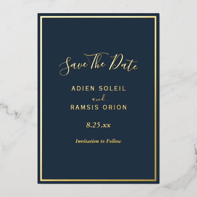Elegante moderne Navy Gold Foil Save the Date Kart Folieneinladung (Vorderseite)