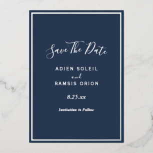 Elegante moderne Navy Silberfolie Save-the-Date-Ka Folieneinladung