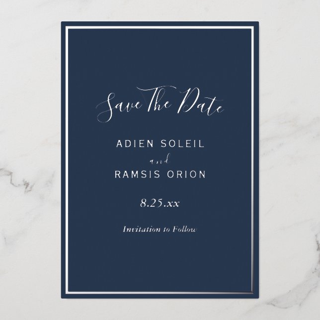 Elegante, moderne Navy Silver Foil Save the Date C Folieneinladung (Vorderseite)