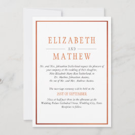 Elegante moderne Orangenhochzeit mit weißem Kupfer Einladung