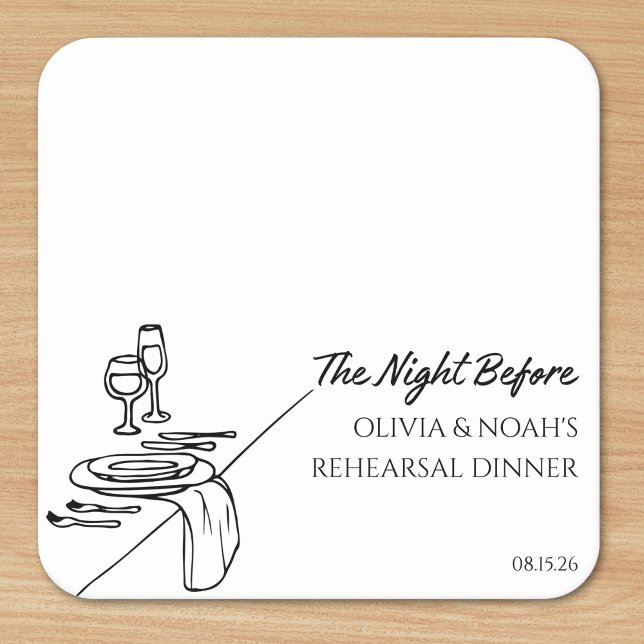 Elegante Moderne Personalisierte Probe Abendessen Rechteckiger Pappuntersetzer (Set the stage for 'The Night Before' with these personalized coasters for your rehearsal dinner.)