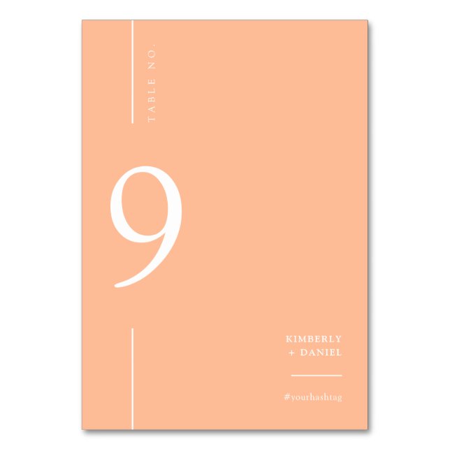 Elegante moderne Pfirsichsitze Minimalistisch Tischnummer (Vorderseite)