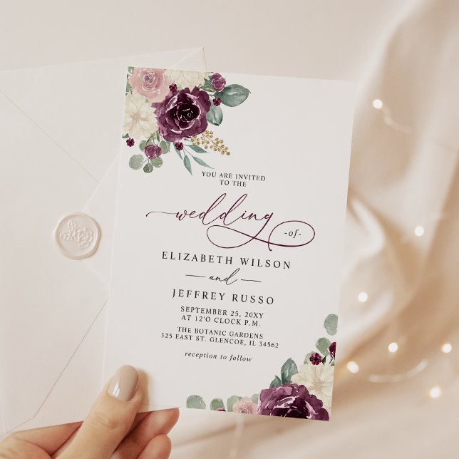 Elegante Moderne Pflaumengoldblütenhochzeit Einladung (Elegant Modern Plum Gold Botanical Floral Wedding Invitation)