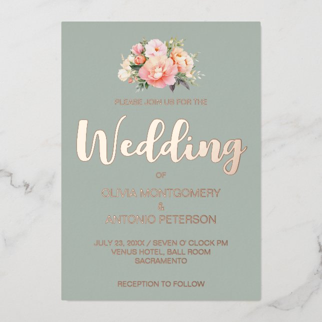 Elegante Moderne Pink Peony Light Sage Wedding Folieneinladung (Vorderseite)