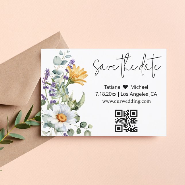 elegante moderne QL-Code-Aquarell-Wildblumen Save The Date (Von Creator hochgeladen)