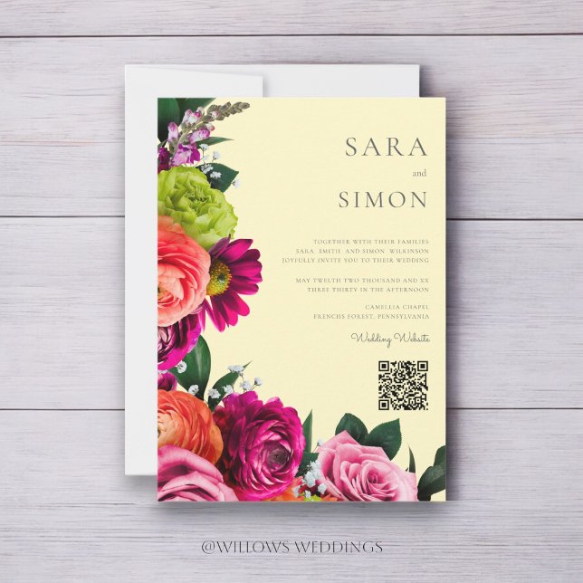 elegante, moderne QR-Code Blumenhochzeit Einladung (modern wedding website qr code vibrant florals wedidng invitation )