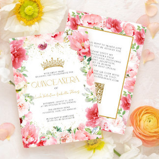 Elegante moderne QR Rosa Flora Gold Quinceñera Einladung