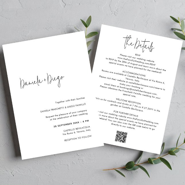 Elegante, moderne QR-UAWG Einladung (Simple, minimalist wedding invitation with QR code and RSVP on back.)