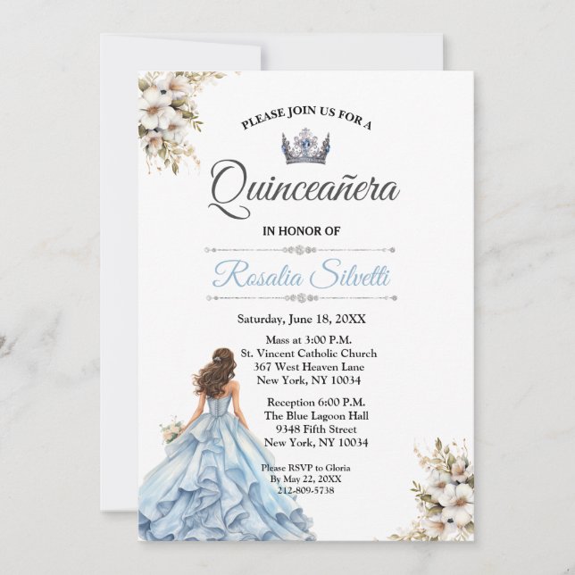 Elegante Moderne Quinceanera Blau und Silber Einladung (Vorderseite)