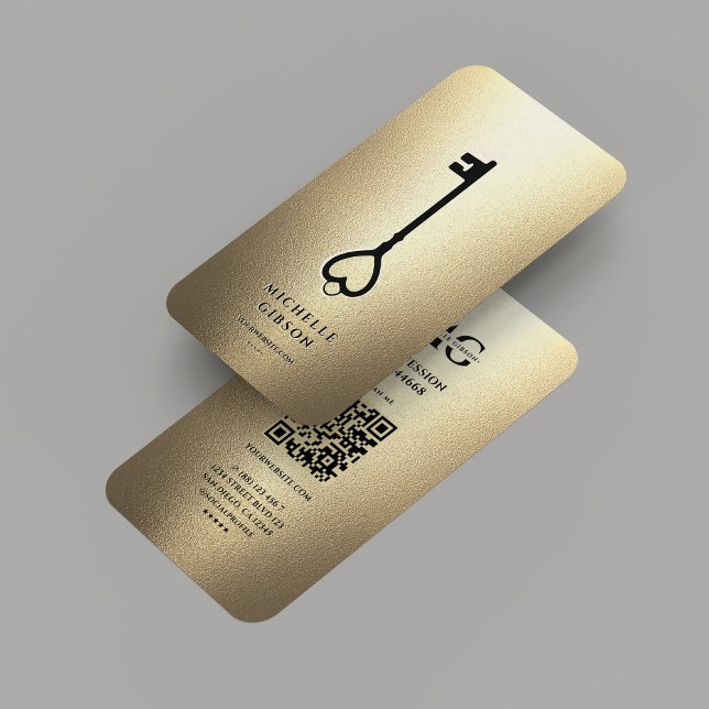 Elegante moderne Retor Key Monogram Imitats Gold Visitenkarte (Elegant Modern Realtor Gold Black Key Monogram Business Card
)