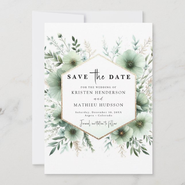 Elegante Moderne romantische Hochzeit Grün Save The Date (Vorderseite)