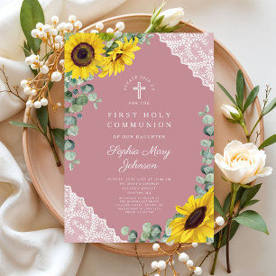 Elegante moderne rosa florale Kreuz Erstkommunion Einladung