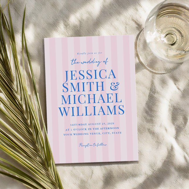 Elegante, moderne rosa gestreifte Hochzeit Einladung (Von Creator hochgeladen)