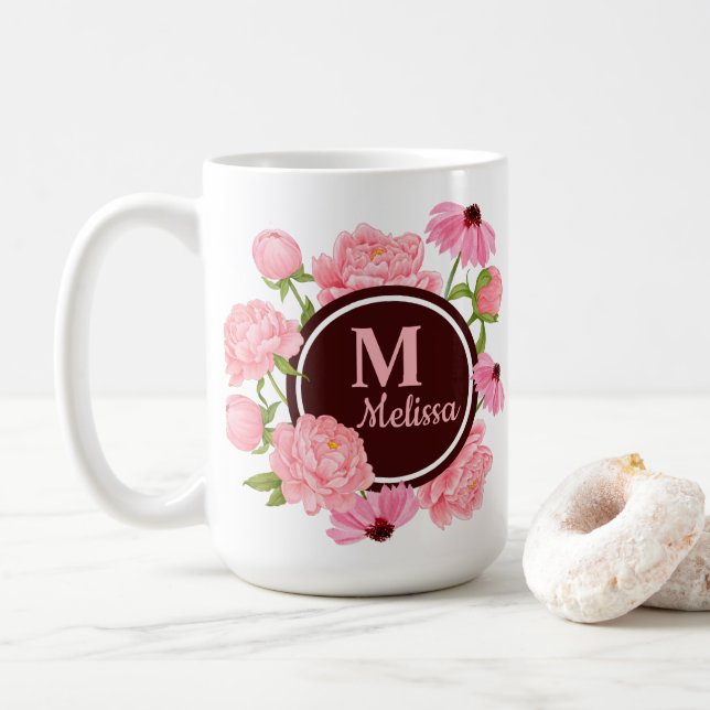 Elegante Moderne rosa Peony Kaffeetasse (Mit Donut)