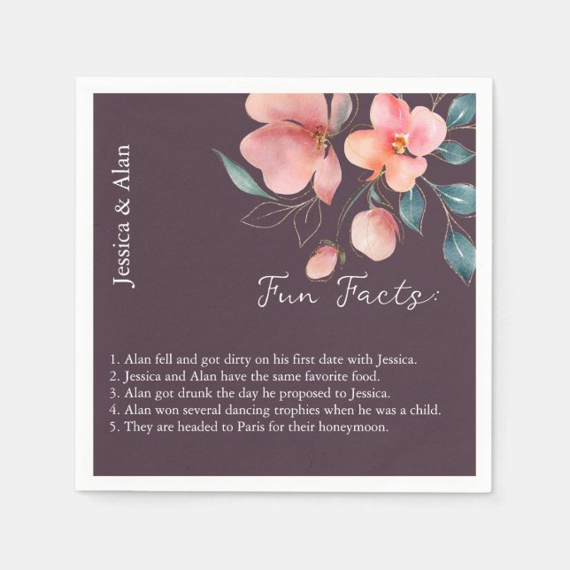 Elegante, moderne Rosa und Gold Floral Fun Fakten Serviette (Vorderseite)