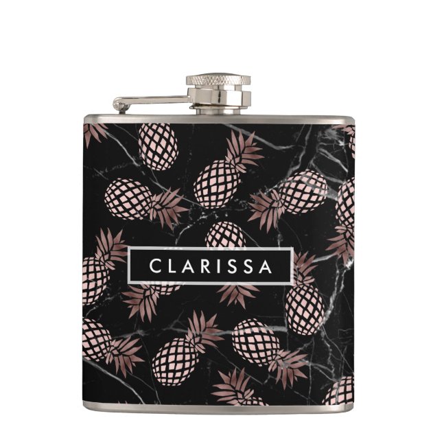 elegante, moderne Rose aus schwarzem Marmor Flachmann (Vorderseite)