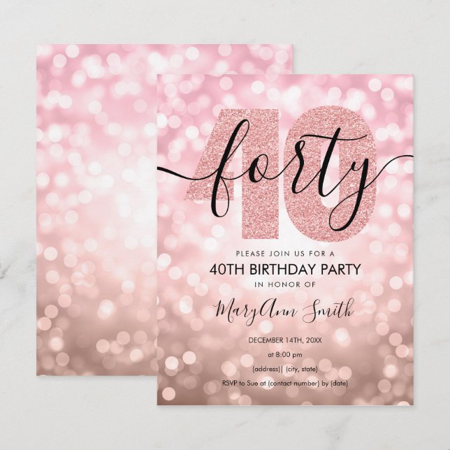 Elegante Moderne Rose Gold 40. Geburtstag Party Einladung (Vorne/Hinten)