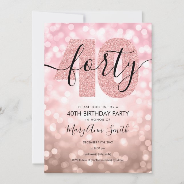 Elegante Moderne Rose Gold 40. Geburtstag Party  Einladung (Vorderseite)
