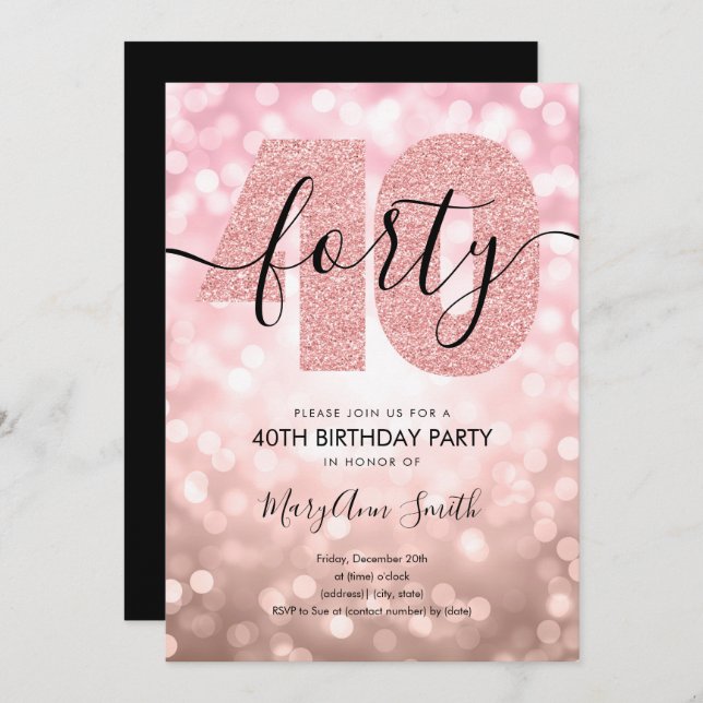 Elegante Moderne Rose Gold 40. Geburtstag Party Einladung (Vorne/Hinten)