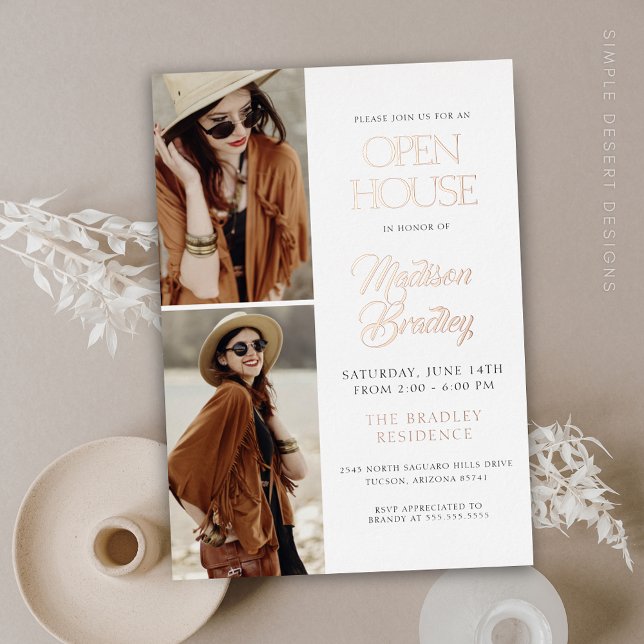 Elegante Moderne Rose Gold Abschluss Ankündigung (Modern Elegant Rose Gold Graduation Announcement for Open House Invitation)