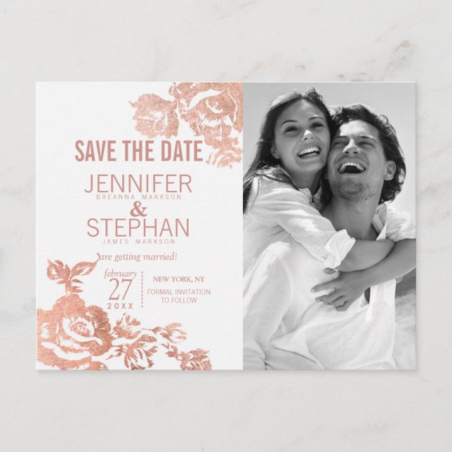 Elegante Moderne Rose Gold Floral Save the Date Ankündigungspostkarte (Vorderseite)