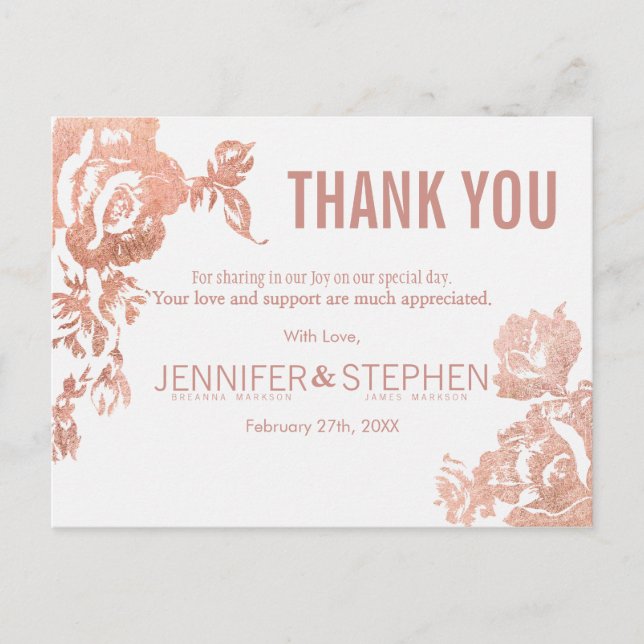 Elegante Moderne Rose Gold Floral Vielen Dank Post Postkarte (Vorderseite)