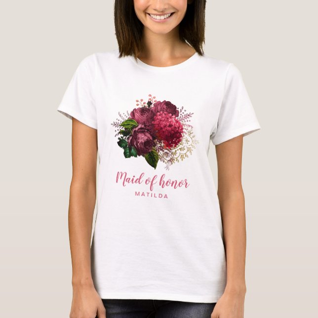Elegante moderne Rose Gold florale Trauzeugin T-Shirt (Vorderseite)