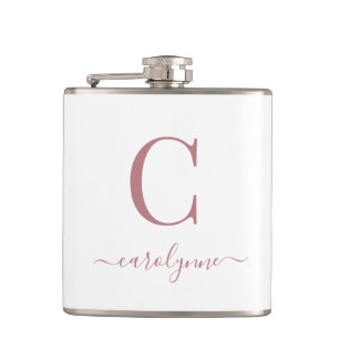 Elegante moderne Rose Gold Monogram Script Flachmann