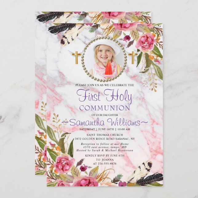 Elegante Moderne Rose Rosa Foto Erste Kommune Einladung (Vorne/Hinten)