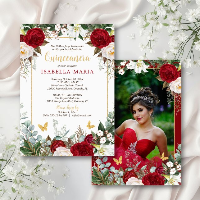 Elegante Moderne Rote Flora mit Foto Quinceañera Einladung (This quince invite features red and white watercolor roses and a photo on the back.)