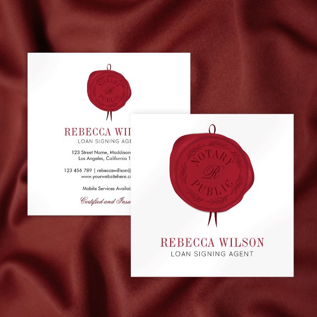 Elegante Moderne schicke Red Wax Briefmarke Signat Quadratische Visitenkarte (Elegant loan signing agent business cards with red wax stamp effect and modern typography)