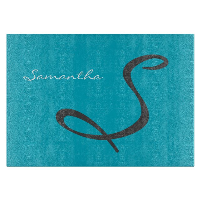 elegante, moderne schicke, trendige Monogramm aqua Schneidebrett (Vorderseite)