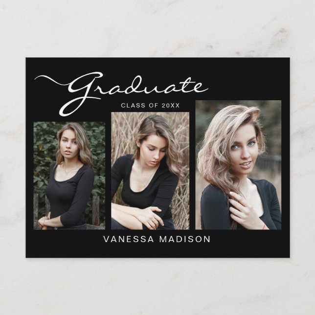 Elegante moderne Schrift | 3 Foto Grad Bekanntgabe Postkarte (Vorderseite)