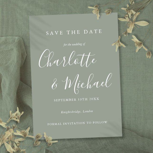 Elegante moderne Schrift Save The Date (Elegant Modern Sage Green Script Wedding Save The Date)