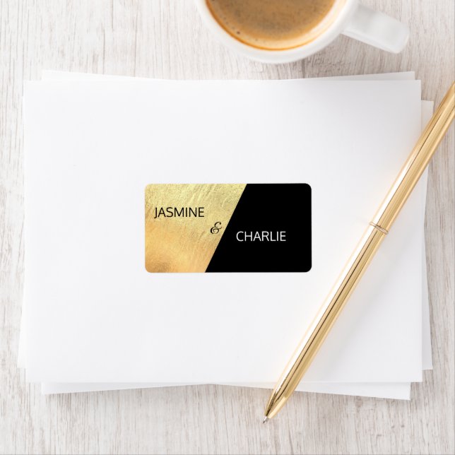 Elegante Moderne Schwarz & Gold Hochzeitsreise Adressaufkleber (Insitu)