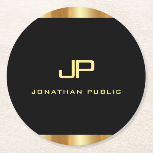 Elegante moderne Schwarz-Gold-Monogramm-Vorlage Runder Pappuntersetzer