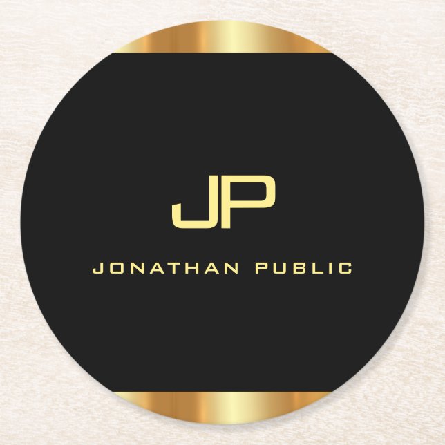 Elegante moderne Schwarz-Gold-Monogramm-Vorlage Runder Pappuntersetzer (Vorderseite)