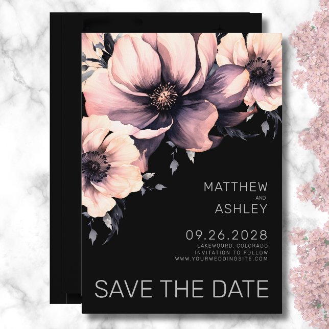 Elegante Moderne Schwarz-Rosa-Blütenhochzeit Save The Date (Modern Floral Black White Wedding Reply RSVP Enclosure Card)